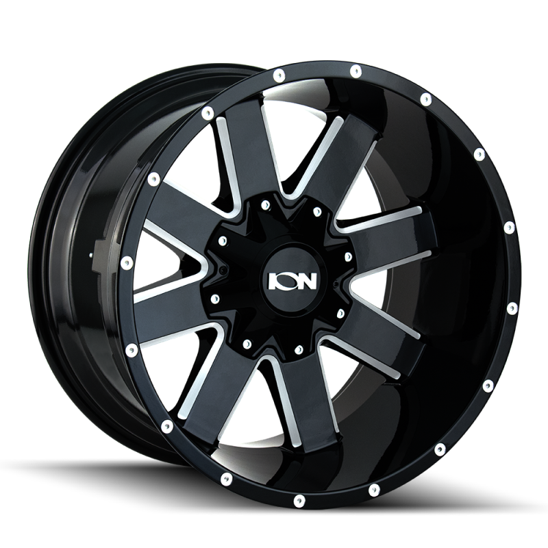 Black milled wheel with white center and spoke, ion type 141 17x9 / 6x135 bp
