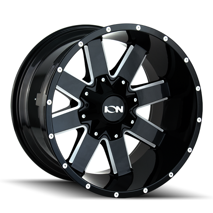 Black milled wheel with white center and spoke, ion type 141 17x9 / 6x135 bp