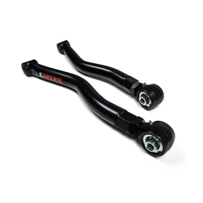 Pair of black aluminum front axles for BMW E-type on adjustable J-Flex lower control arms for Wrangler JL.