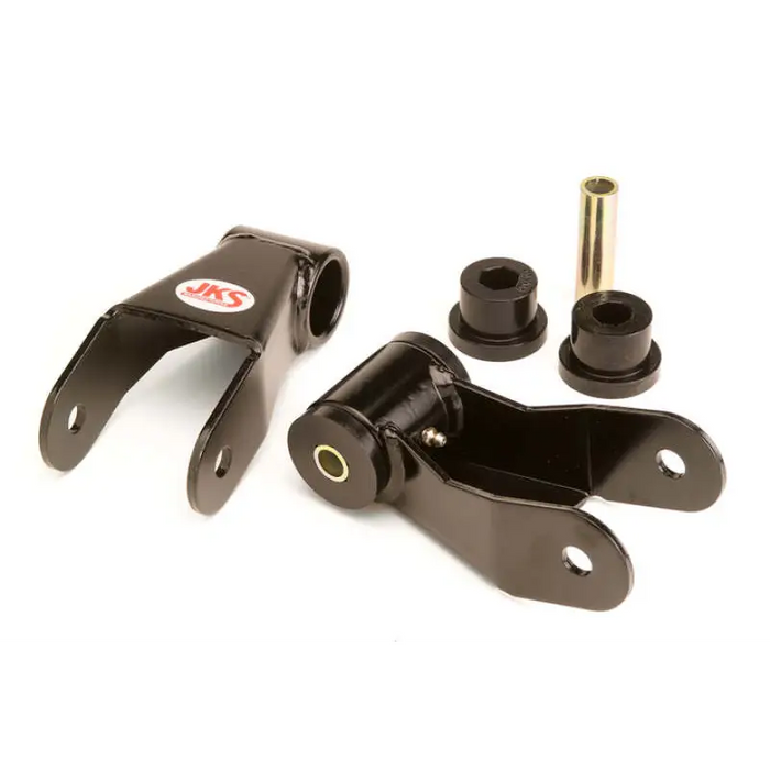 Black aluminum front and rear suspension mounts for JKS Manufacturing Jeep XJ/MJ/SJ HD Leaf Spring Shackle.