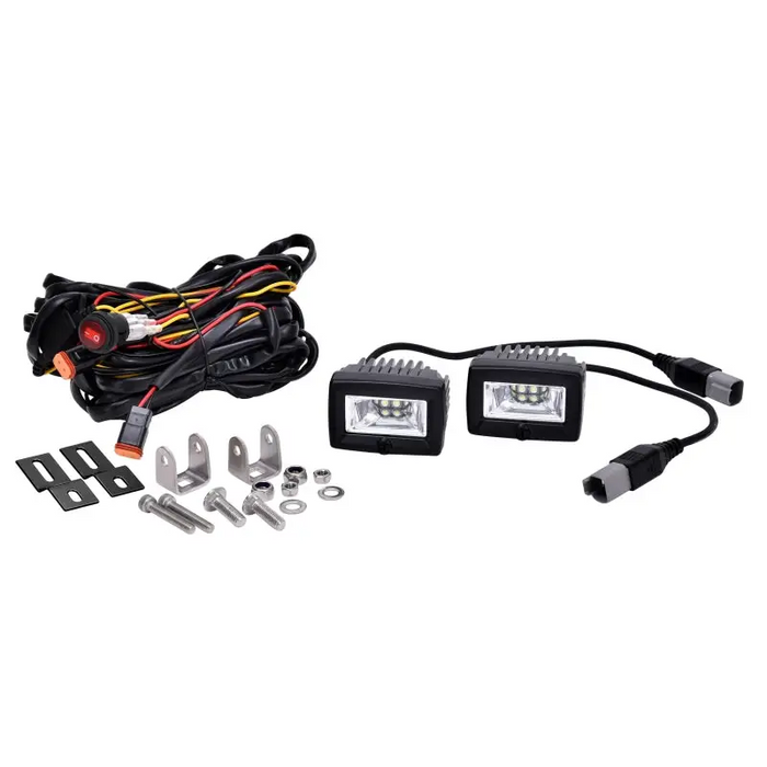 KC HiLiTES C-Series C2 LED 2in. Backup Area Flood Pair Pack Light - Black with heat sink design and wires.