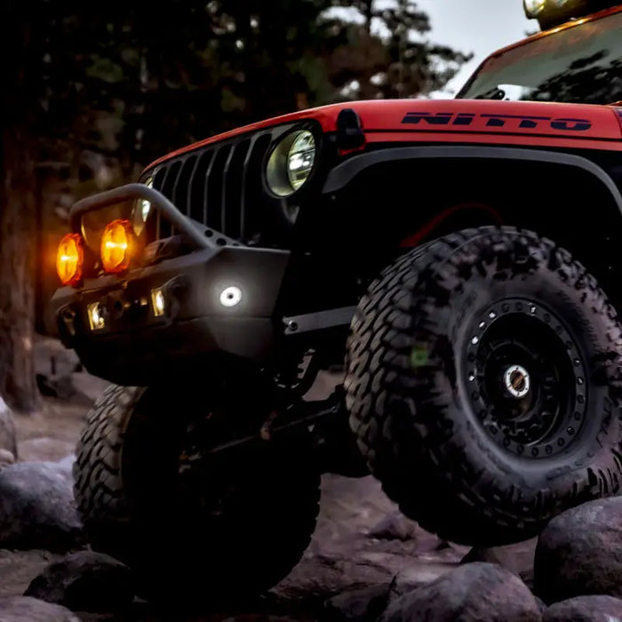 Red Jeep with KC HiLiTES Cyclone V2 2.2in. LED Accessory Light - Flood Beam, Diffused Lens