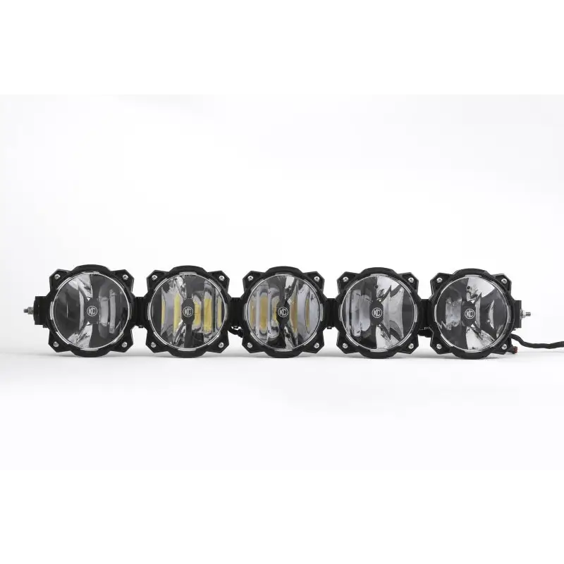 KC HiLiTES Universal 32in. Pro6 Gravity LED 5-Light 100w Combo Beam Light Bar (No Mount) with headlights on white background