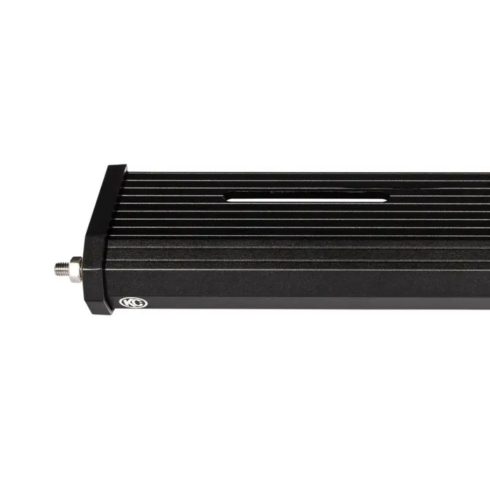 Black aluminum heatster with white background displayed in KC HiLiTES Universal 50in. Overhead Xross Bar Light Mount.