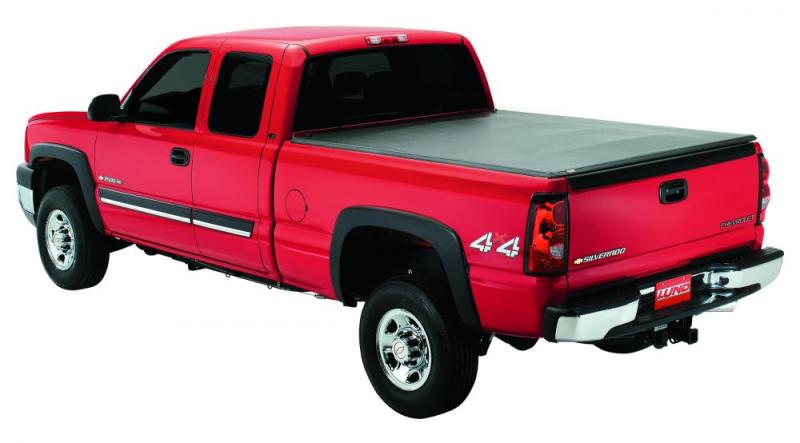 Red truck with black bed cover - lund genesis tri-fold tonneau cover for toyota tacoma 5ft. Bed