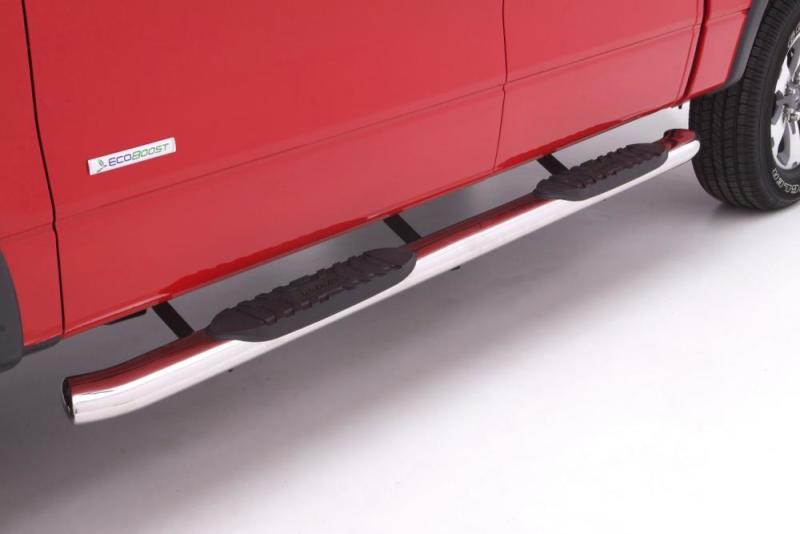 Red truck with black side step bars - lund toyota tacoma cc 5in. Curved oval stainless steel nerf bars