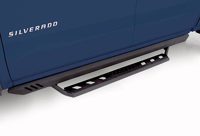 Blue truck rear with silverado logo on lund universal long step rock rails - black