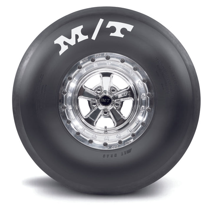 Mickey thompson drag tire with white and black spokes for jeep wrangler