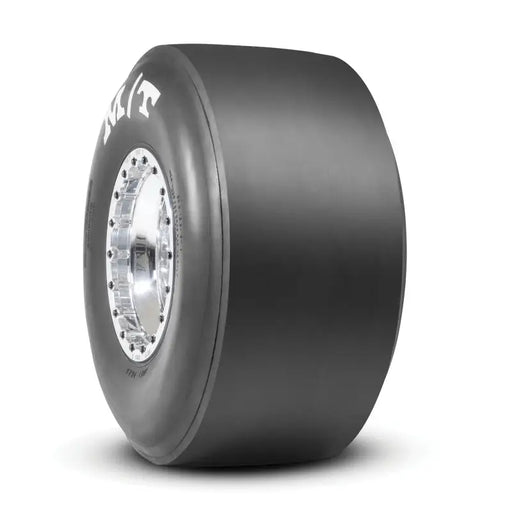 Mickey Thompson drag tire with white rim for Jeep Wrangler.