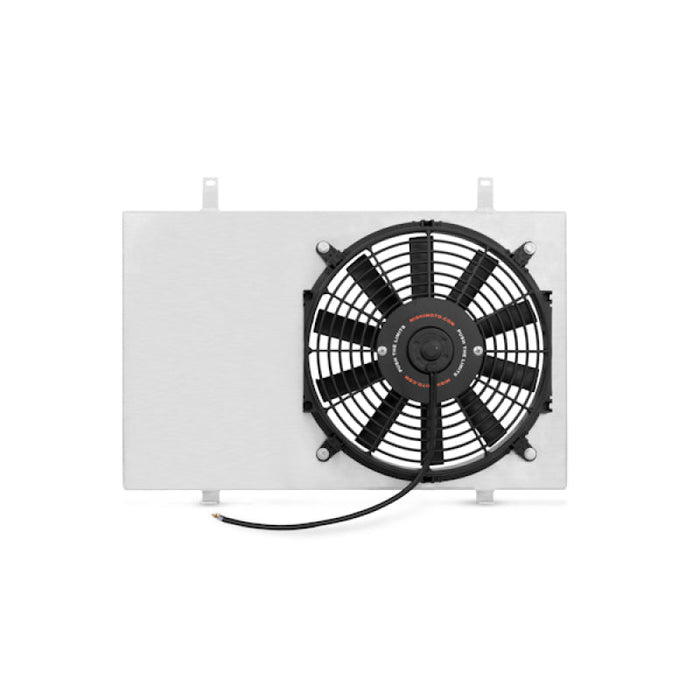 Mishimoto r33/r34 nissan skyline aluminum fan shroud kit - white fan with black wire on side