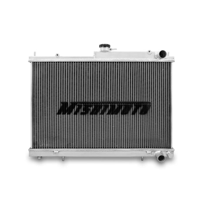 Close up of mishimoto r33/r34 nissan skyline aluminum radiator with ’airflow’ text