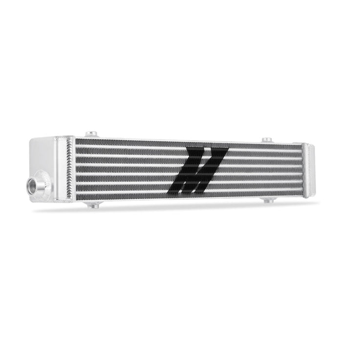 Mishimoto universal tube and fin cross flow performance oil cooler with black and white stripe radiator