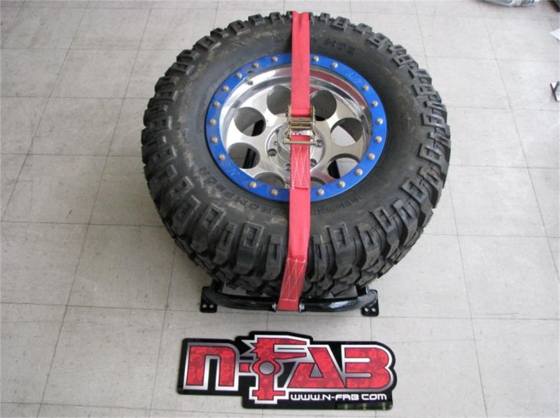 N-fab bed mounted tire carrier - red and blue wheel - gloss black - universal