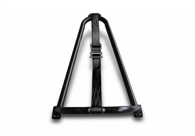 N-fab bed mounted tire carrier universal - gloss black - black strap with black metal triangle on white background