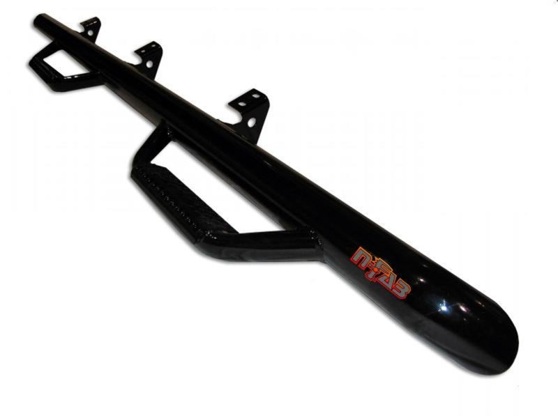 Black metal pipe with red and white logo on n-fab nerf step for toyota fj cruiser suv