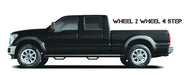 Black truck with ’weld wheels’ displayed on n-fab nerf steps for toyota tacoma double cab