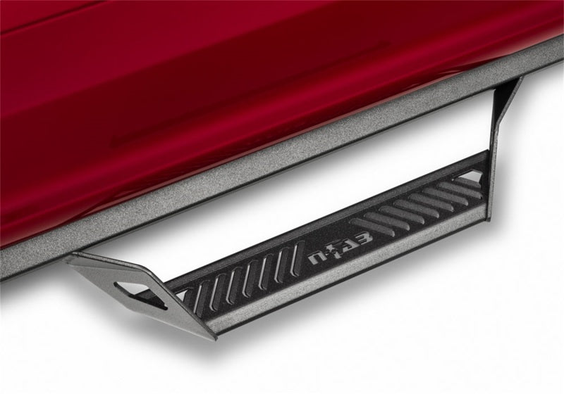 N-fab predator pro step system for toyota tacoma double cab - red truck with black step bar