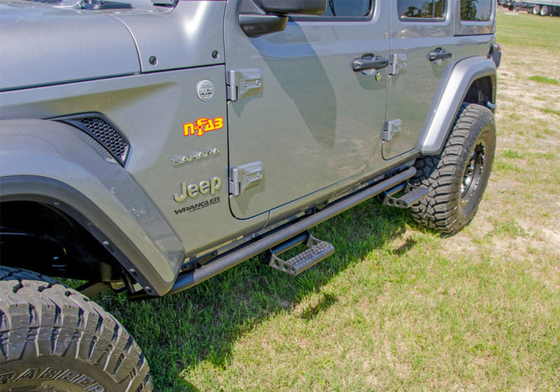 Gray jeep with black tire cover - n-fab rkr rock rails for 2018 jeep wrangler jl - gloss black