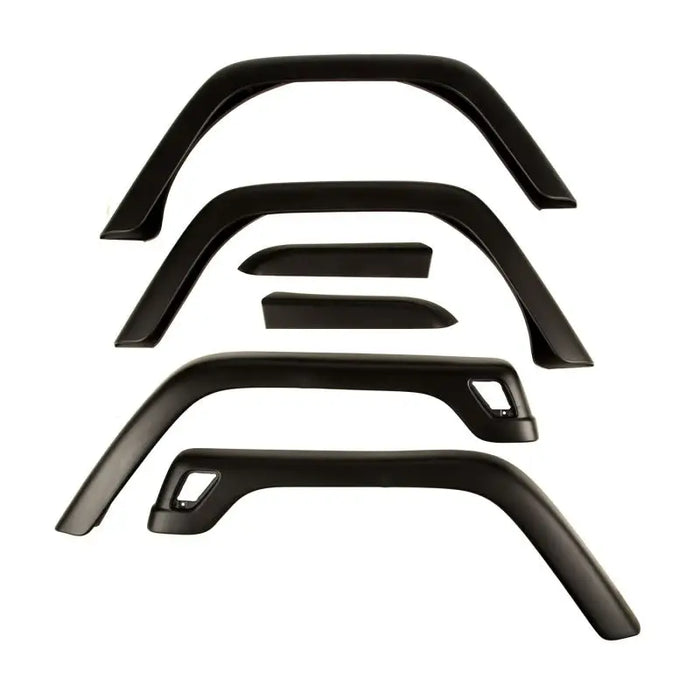 Black front bumpers for BMW E-type displayed in Omix 6-Piece Fender Flare Kit for Jeep Wrangler.