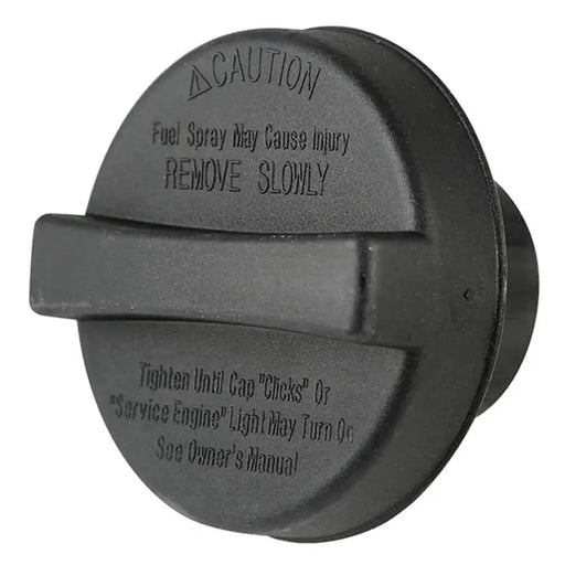 Black plastic knob with caution words on Omix Gas Cap for Jeep Wrangler.