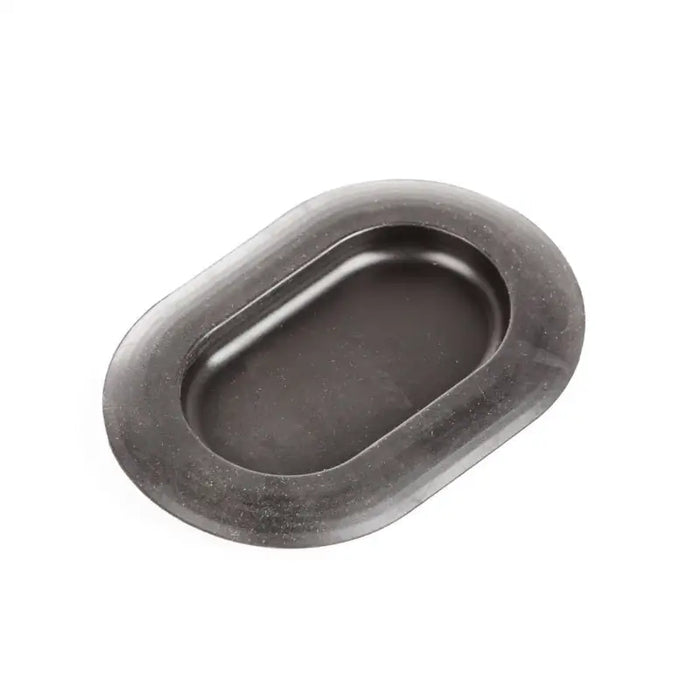 Black oval-shaped Omix Plug Floor Pan on white background.