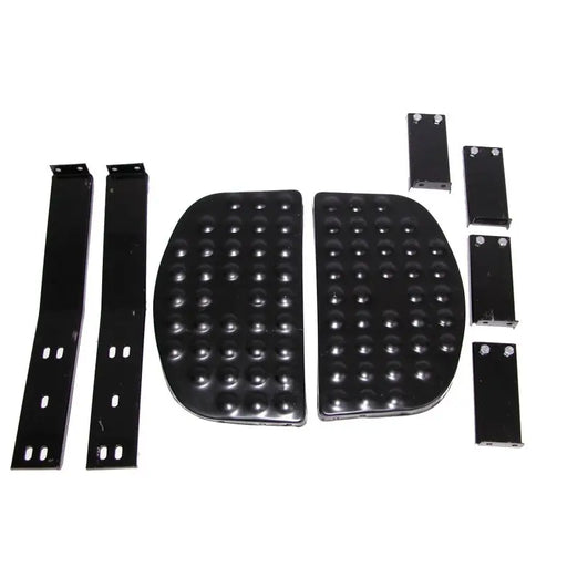 Black plastic door handles and brackets in Omix Side Step Kit Black Universal Application.