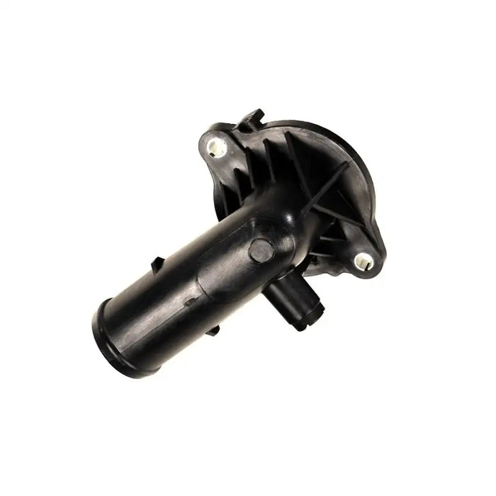 Black plastic Omix thermostat housing water pump on white background