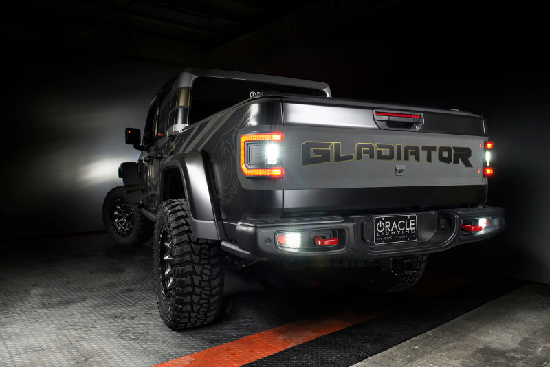 Jeep gladiator jt flush mount led tail lights - tinted lens rear end view by oracle lighting