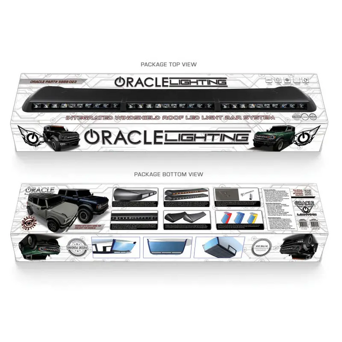 Oracle 2021+ Ford Bronco Integrated Windshield Roof LED Light Bar System featuring a white box with black and white design.