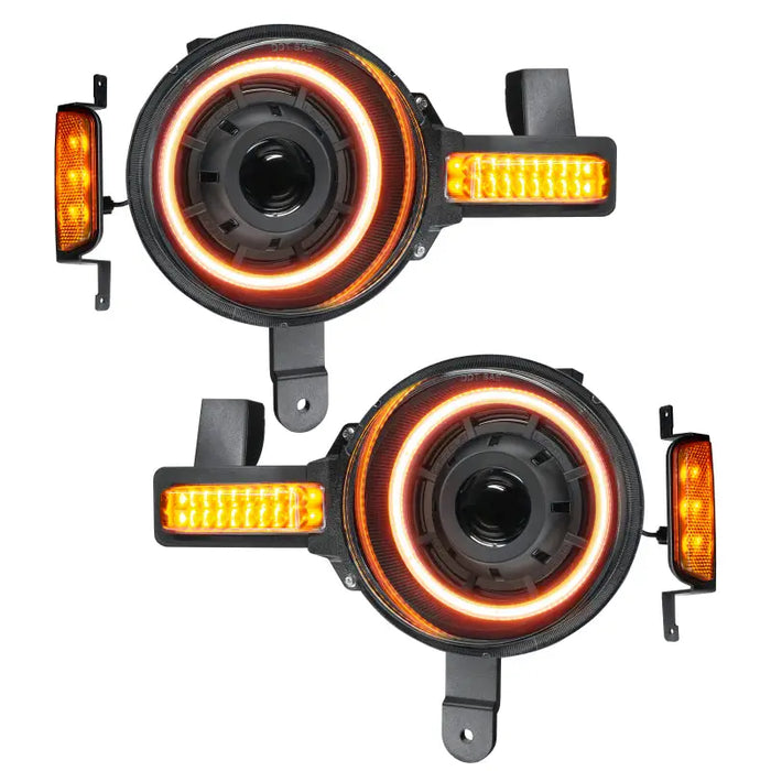 Pair of oculus bi-led headlights for Ford Bronco with amber/white switchback - modular design.