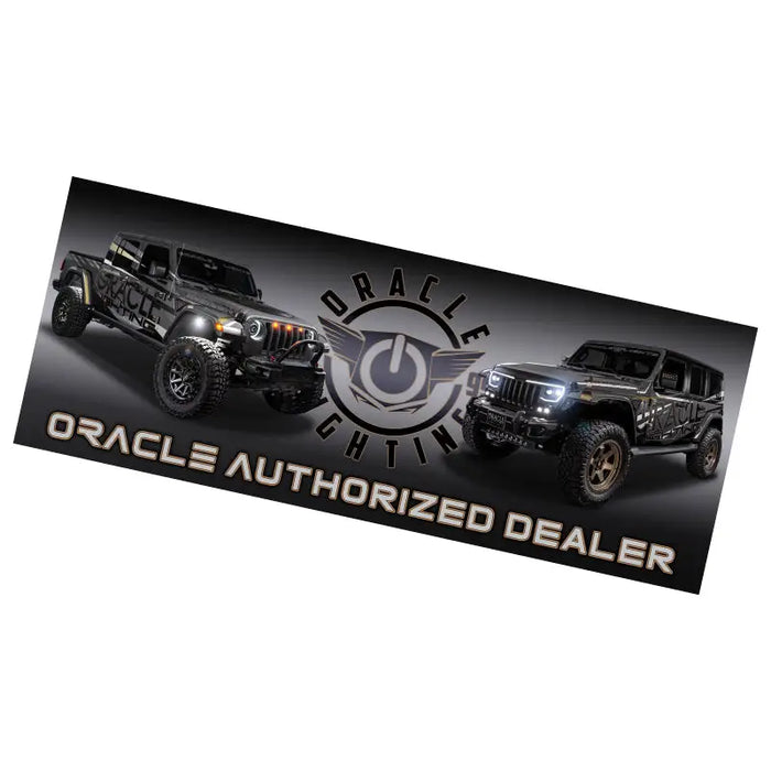 Black Jeep with ’s authorized dealer’ displayed on Oracle 6ft x 2.5ft Banner, from official Oracle Lighting dealer.