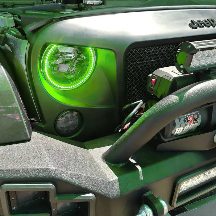 High Powered LED Headlights for Jeep Wrangler Oracle 7in - Green Jeep with Light