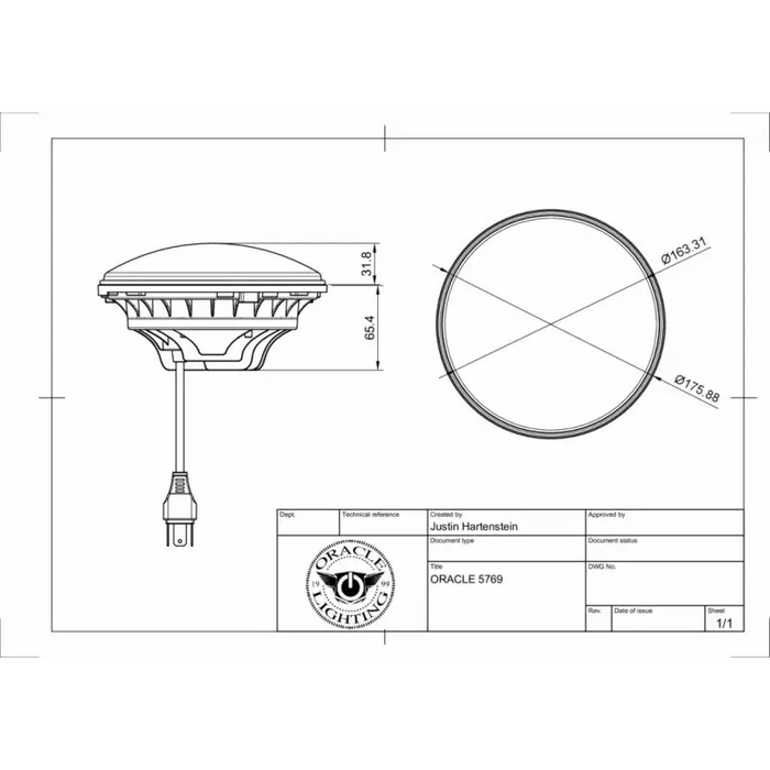 Drawing of a ceiling light on white background for Oracle 7in LED Headlights - voltage range: 12-24V