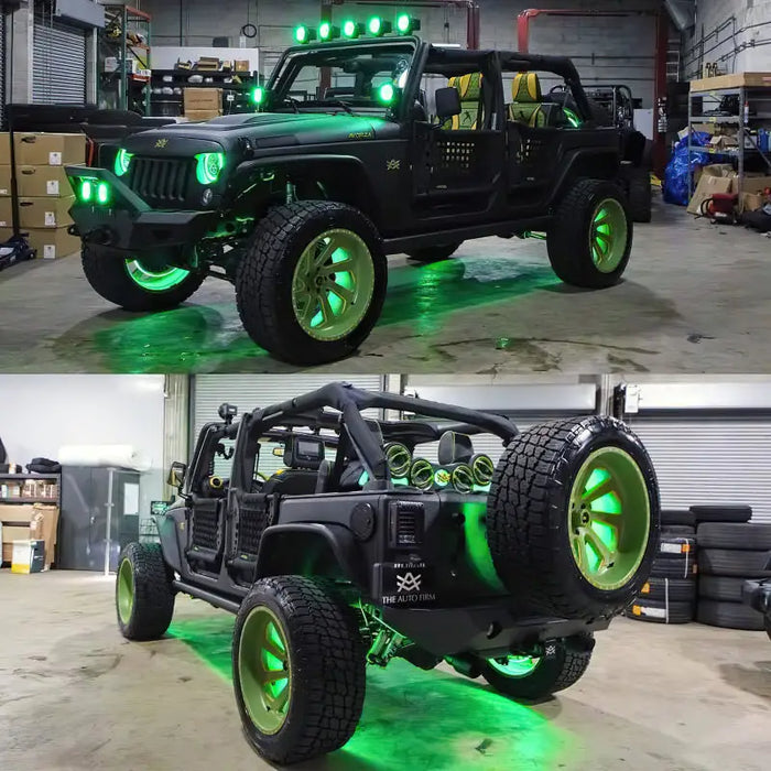 Oracle 7in LED Headlights with ColorSHIFT green lights on jeep Wrangler