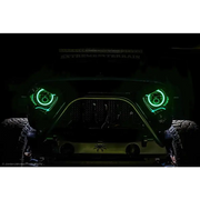 Front view of Jeep with green LED lights - Oracle 7in High Powered LED Headlights - Black Bezel - Dynamic