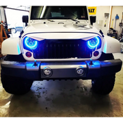 White Jeep with Blue LED Lights - Oracle 7in Dynamic Color LED Headlights - Black Bezel