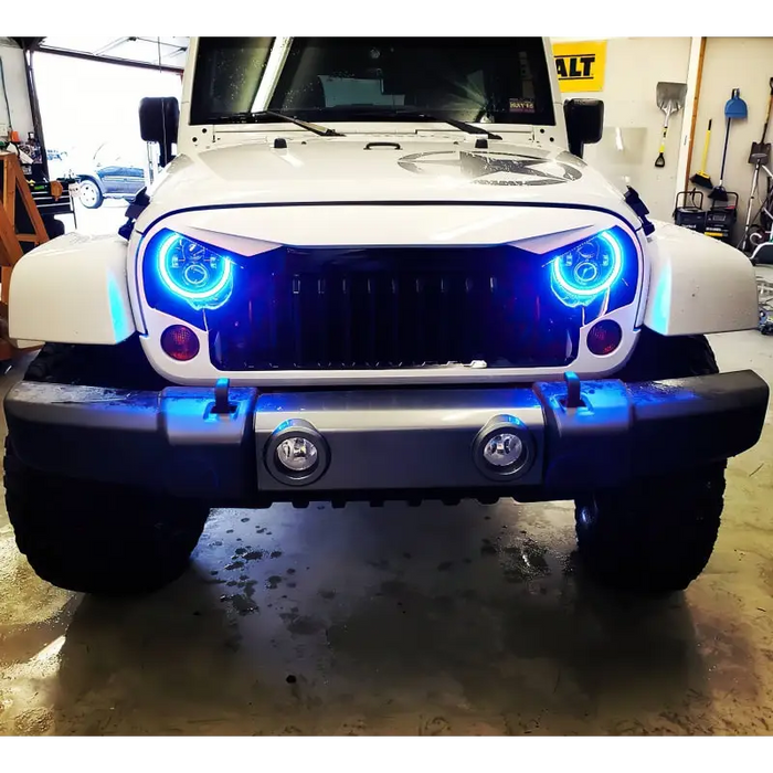 White Jeep with Blue LED Lights - Oracle 7in Dynamic Color LED Headlights - Black Bezel