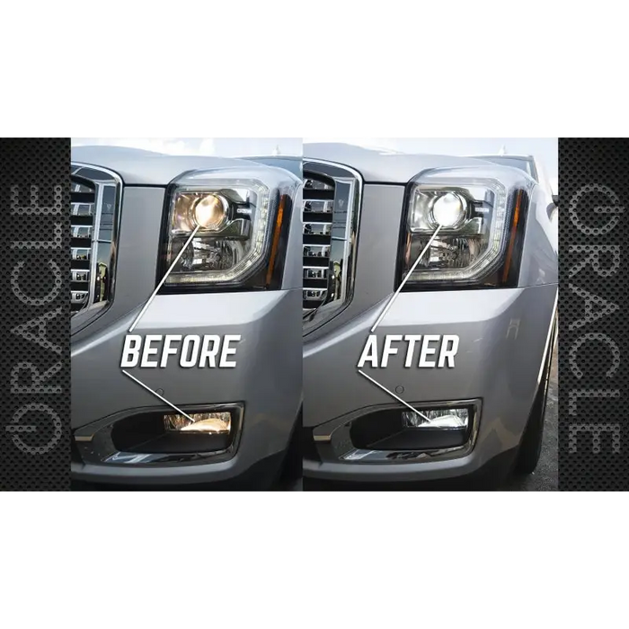 Oracle 9005 LED headlight bulbs before and after transformation - 6000K