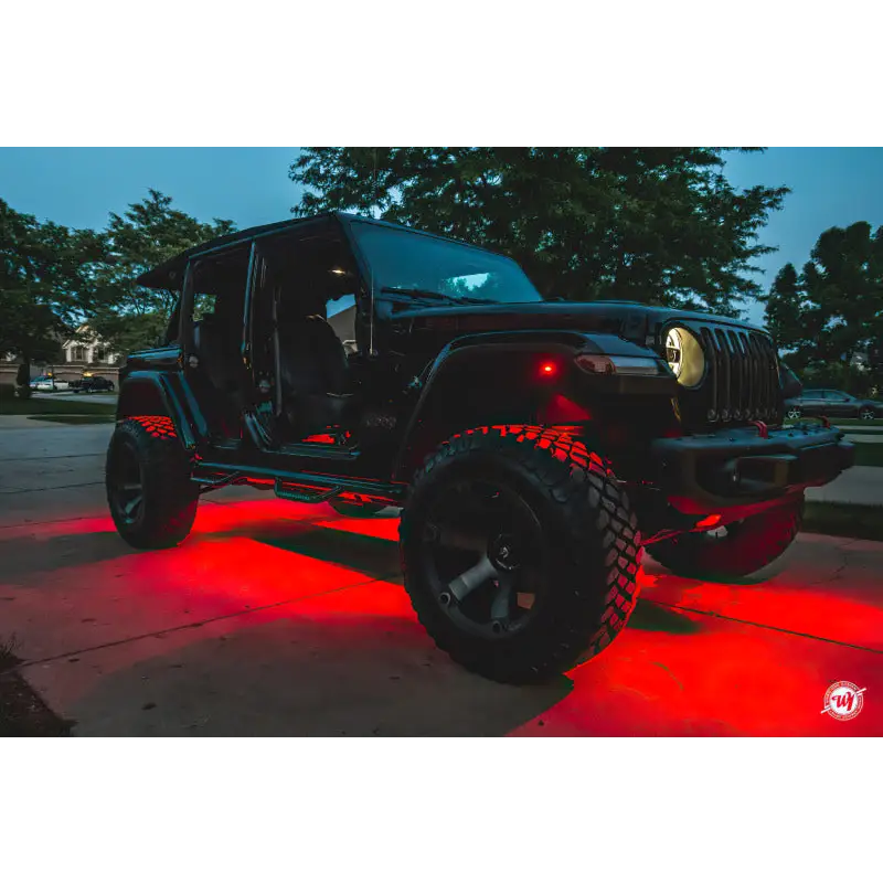 Jeep with red LED rock light kit - Oracle Bluetooth + RF ColorSHIFT