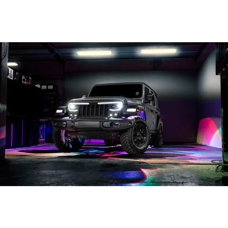 Jeep with Black and Purple LED Rock Lights - Oracle Bluetooth + RF Underbody Rock Light Kit - 8 PCS