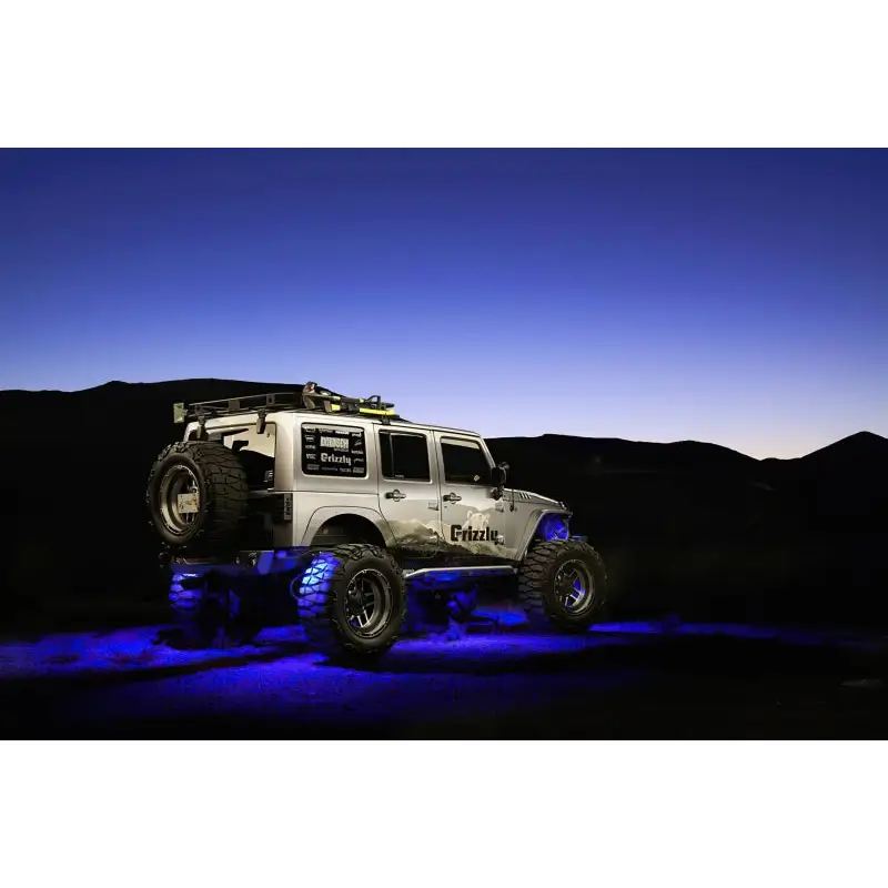 White Jeep with Blue LEDs - Oracle Bluetooth + RF Underbody Rock Light Kit - 8 PCS - ColorSHIFT