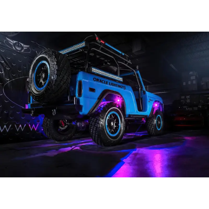 Light blue Oracle Bluetooth + RF Underbody Rock Light Kit - 8 PCS ColorSHIFT Jeep WRL with black and purple LED.