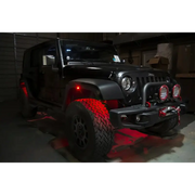Jeep with red LEDs on it featuring Oracle Bluetooth + RF Underbody Rock Light Kit - ColorSHIFT.