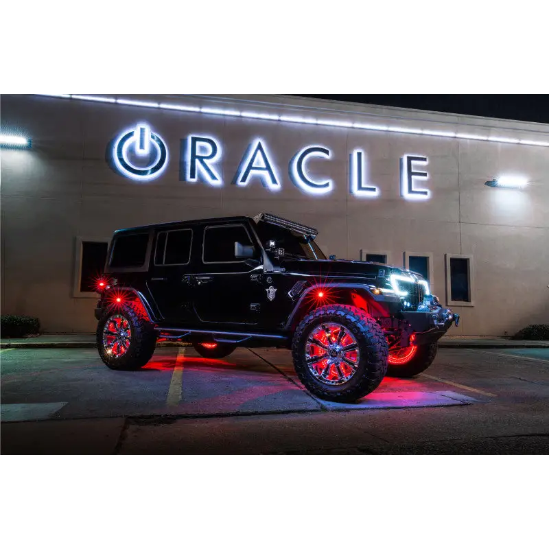 Black Jeep with red LEDs and white Oracle sign - Oracle Bluetooth + RF Underbody Rock Light Kit - 8 PCS - ColorSHIFT.