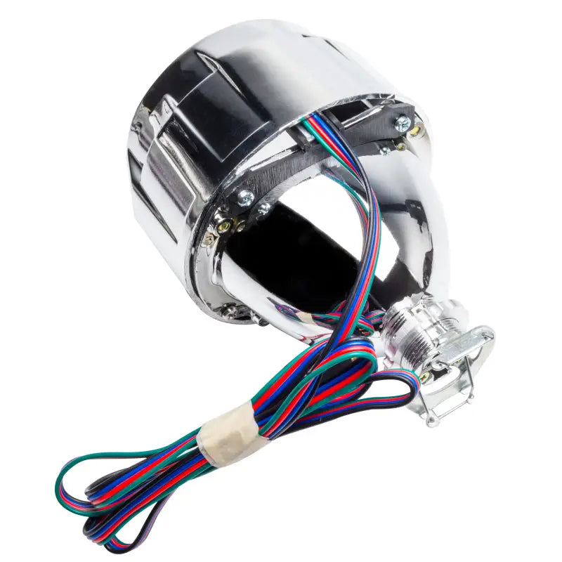 Chrome motorcycle helmet with wire and Oracle Demon Eye Projector Illumination Kit - ColorSHIFT.