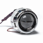 Chrome headlight with red and blue LED in Oracle Demon Eye Projector Illumination Kit.