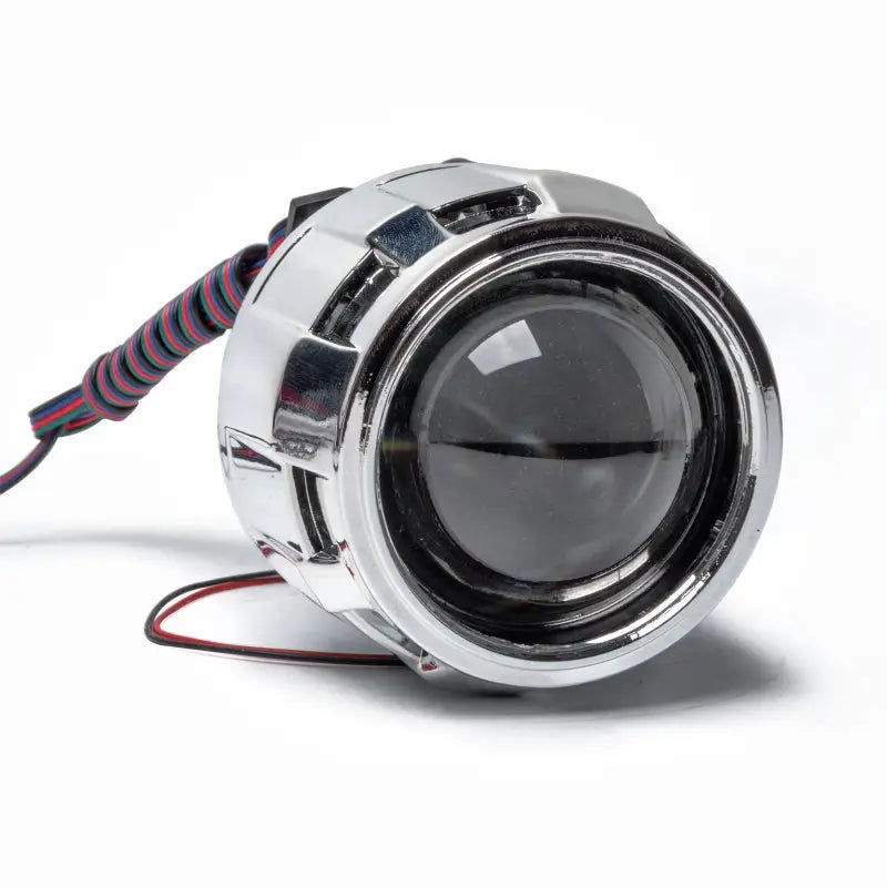 Chrome headlight with red and blue LED in Oracle Demon Eye Projector Illumination Kit.