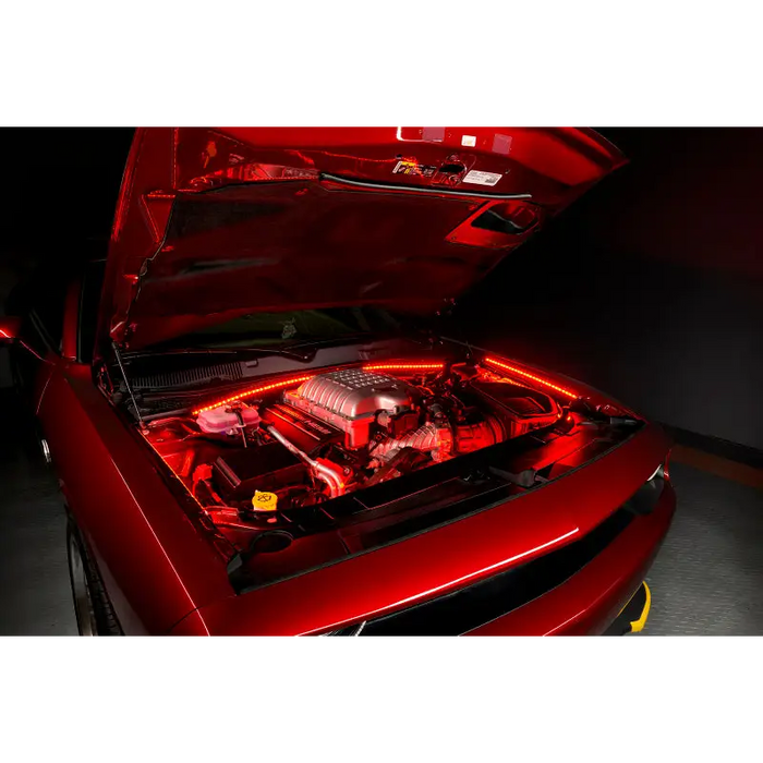 Red sports car engine bay illuminated by Oracle Engine Bay 5050 SMD RGB ColorSHIFT LED strips.