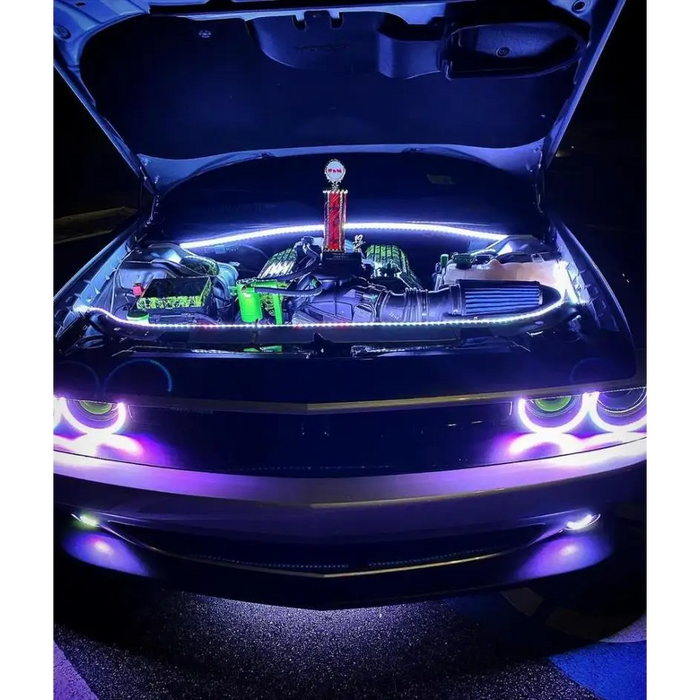 Close up of car hood open with lights on - Oracle Engine Bay 5050 SMD Kit - RGB ColorSHIFT