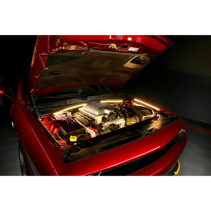 Red car engine bay illuminated with Oracle Lighting 5050 SMD RGB ColorSHIFT LED strips